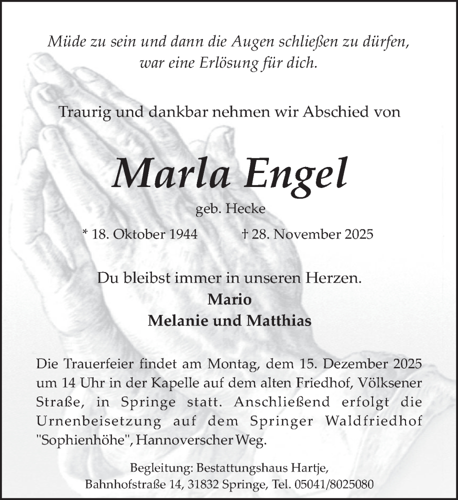  Traueranzeige für Marla Engel vom 06.12.2025 aus Neue Deister-Zeitung