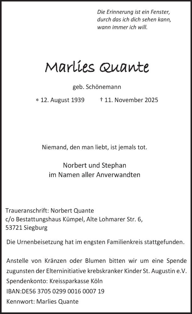  Traueranzeige für Marlies Quante vom 13.12.2025 aus Deister- und Weserzeitung
