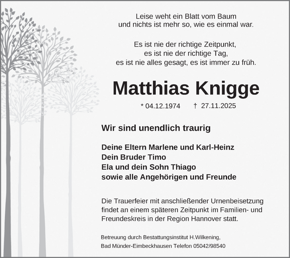  Traueranzeige für Matthias Knigge vom 06.12.2025 aus Neue Deister-Zeitung