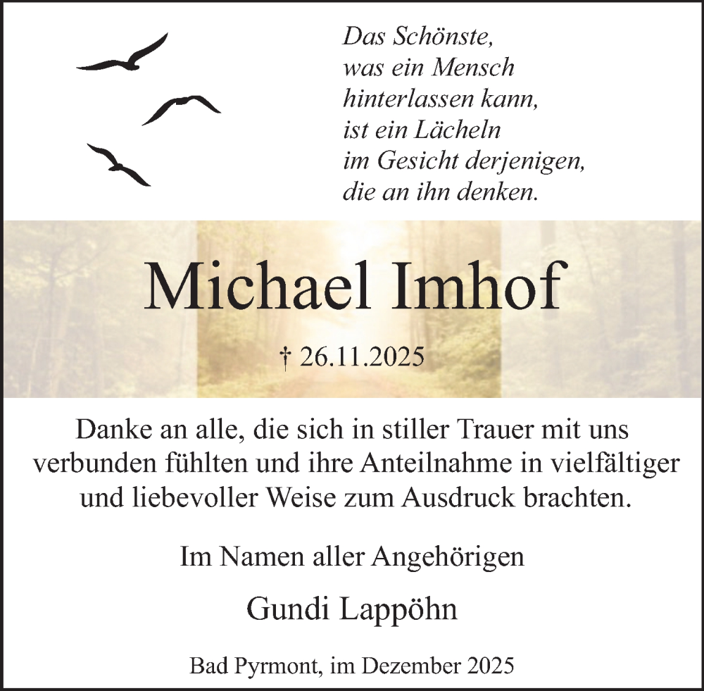  Traueranzeige für Michael Imhof vom 27.12.2025 aus Deister- und Weserzeitung