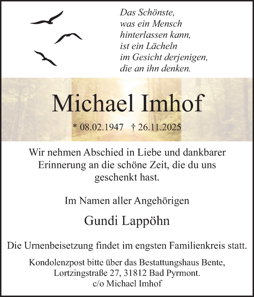  Traueranzeige für Michael Imhof vom 06.12.2025 aus Deister- und Weserzeitung