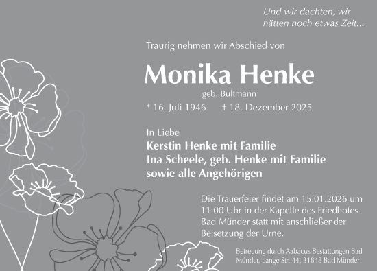 Traueranzeige von Monika Henke von Neue Deister-Zeitung