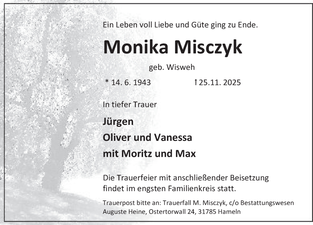  Traueranzeige für Monika Misczyk vom 13.12.2025 aus Deister- und Weserzeitung