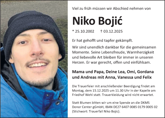 Traueranzeige von Niko Bojic von Deister- und Weserzeitung