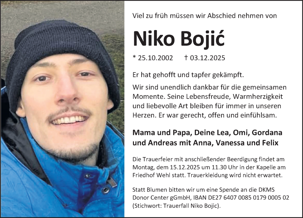  Traueranzeige für Niko Bojic vom 10.12.2025 aus Deister- und Weserzeitung