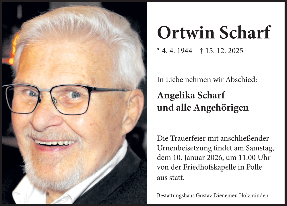  Traueranzeige für Ortwin Scharf vom 03.01.2026 aus Deister- und Weserzeitung