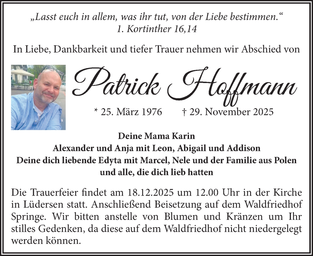  Traueranzeige für Patrick Hoffmann vom 06.12.2025 aus Neue Deister-Zeitung
