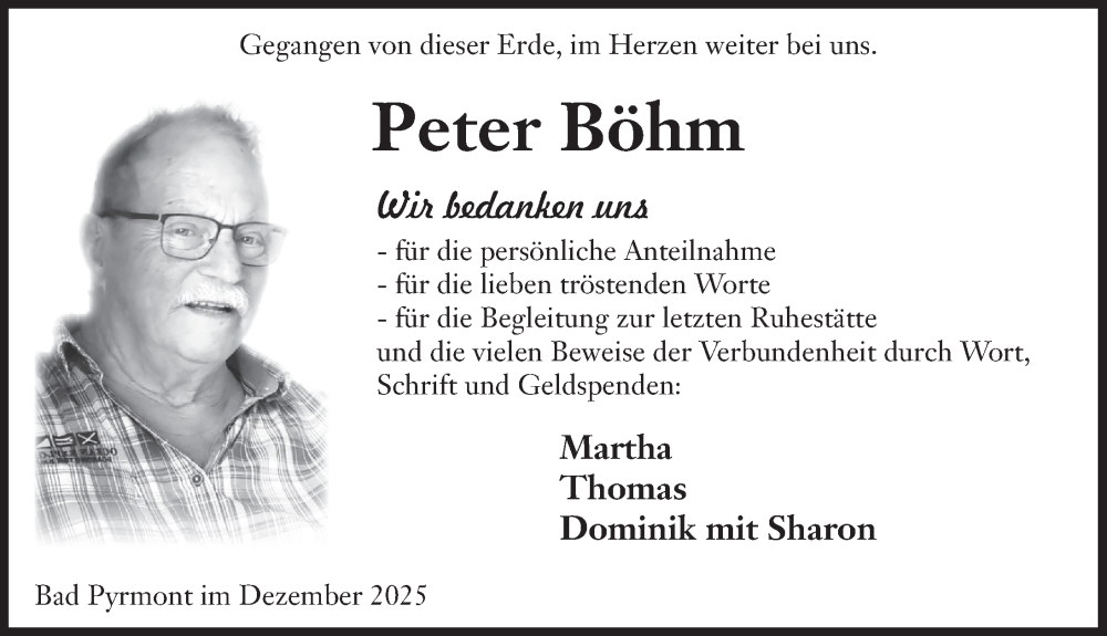  Traueranzeige für Peter Böhm vom 24.12.2025 aus Deister- und Weserzeitung