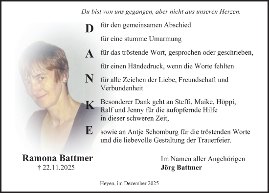 Traueranzeige von Ramona Battmer von Deister- und Weserzeitung