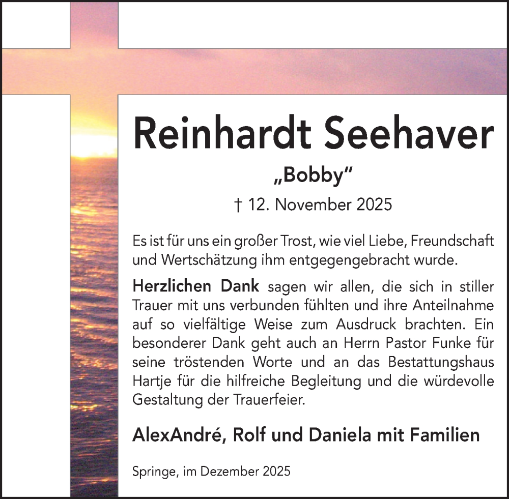  Traueranzeige für Reinhardt Seehaver vom 13.12.2025 aus Neue Deister-Zeitung
