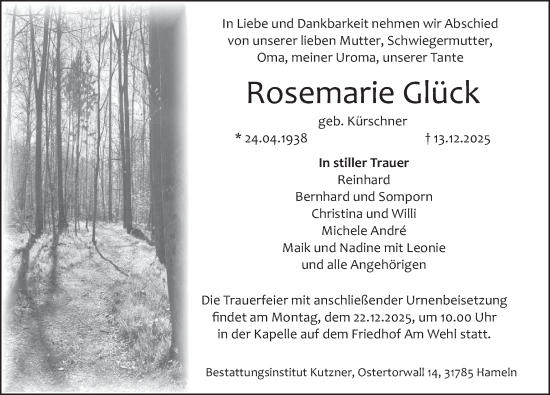 Traueranzeige von Rosemarie Glück von Deister- und Weserzeitung