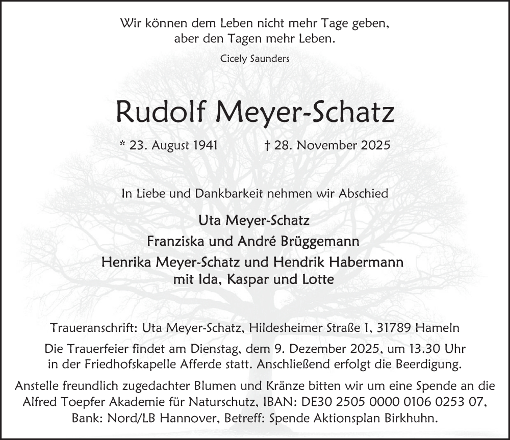  Traueranzeige für Rudolf Meyer-Schatz vom 06.12.2025 aus Deister- und Weserzeitung