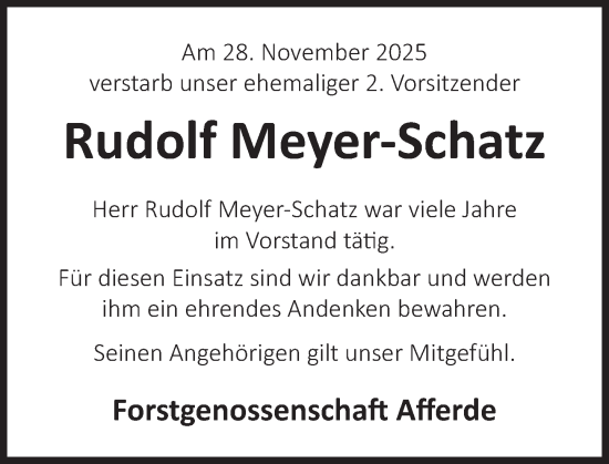 Traueranzeige von Rudolf Meyer-Schatz von Deister- und Weserzeitung