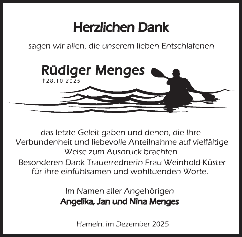 Traueranzeige für Rüdiger Menges vom 13.12.2025 aus Deister- und Weserzeitung