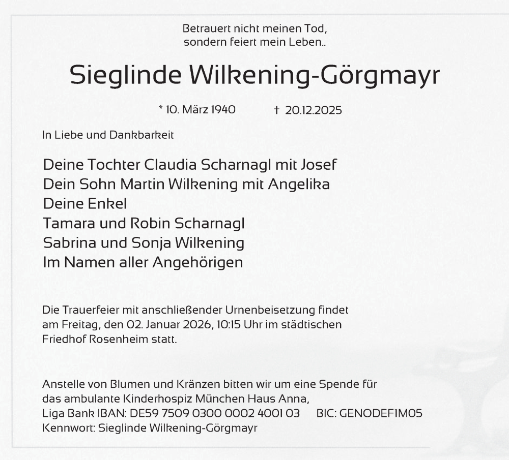  Traueranzeige für Sieglinde Wilkening-Görgmayr vom 27.12.2025 aus Neue Deister-Zeitung