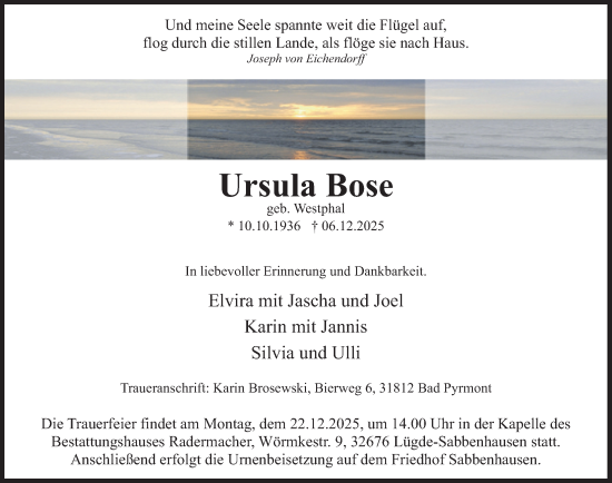 Traueranzeige von Ursula Bose von Deister- und Weserzeitung