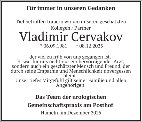 Traueranzeige von Vladimir Cervakov von Deister- und Weserzeitung