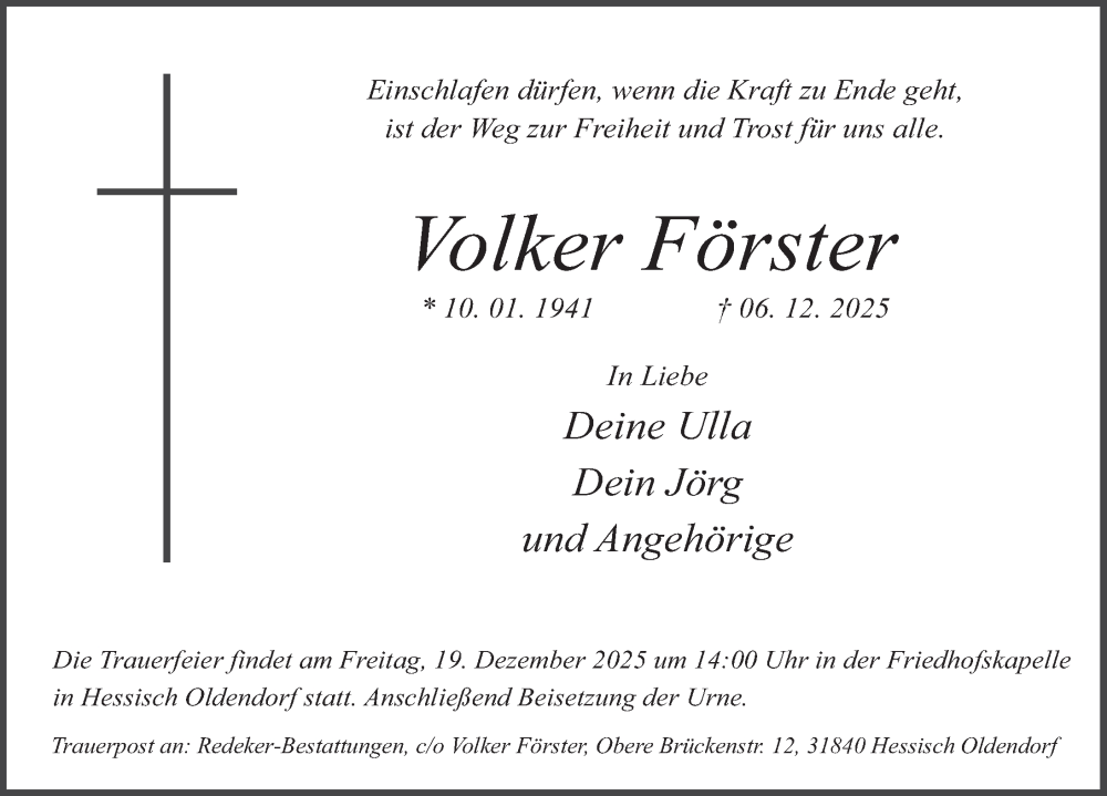  Traueranzeige für Volker Förster vom 13.12.2025 aus Deister- und Weserzeitung