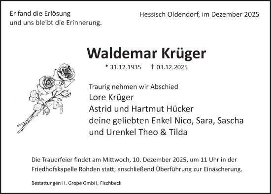 Traueranzeige von Waldemar Krüger von Deister- und Weserzeitung