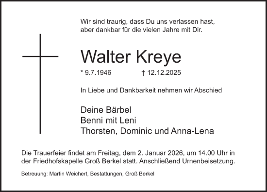 Traueranzeige von Walter Kreye von Deister- und Weserzeitung