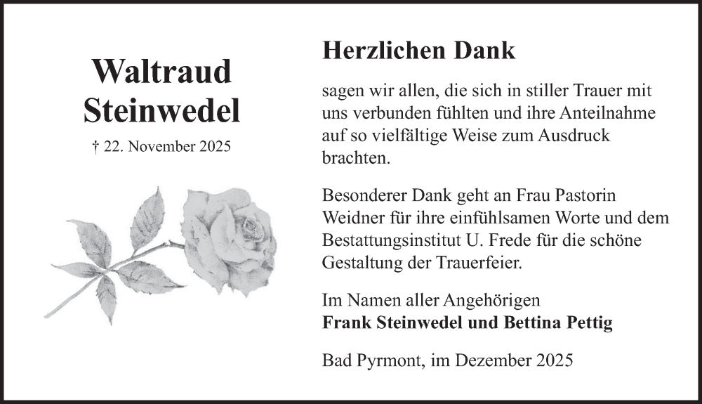  Traueranzeige für Waltraud Steinwedel vom 13.12.2025 aus Deister- und Weserzeitung