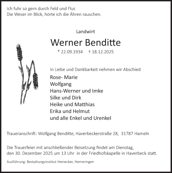 Traueranzeige von Werner Benditte von Deister- und Weserzeitung