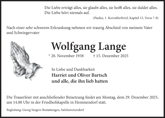 Traueranzeige von Wolfgang Lange von Deister- und Weserzeitung