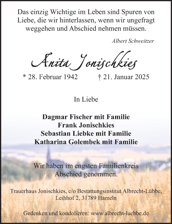 Traueranzeige von Anita Jonischkies  von Deister- und Weserzeitung