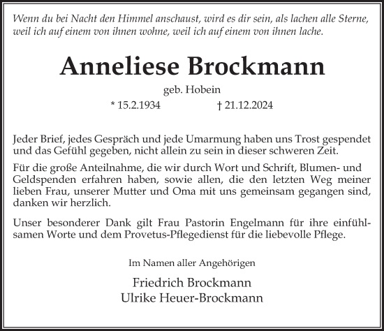 Traueranzeige von Anneliese Brockmann von Deister- und Weserzeitung