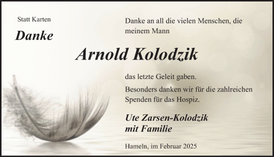 Traueranzeige von Arnold Kolodzik von Deister- und Weserzeitung
