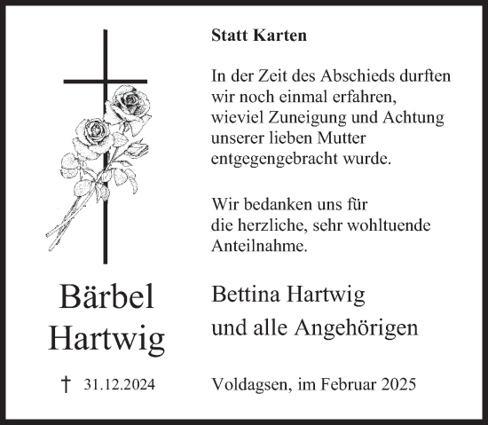 Traueranzeige von Bärbel Hartwig von Deister- und Weserzeitung