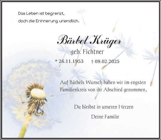 Traueranzeige von Bärbel Krüger von Deister- und Weserzeitung