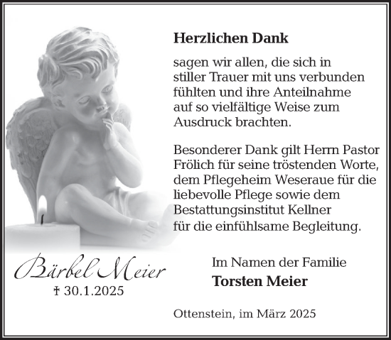 Traueranzeige von Bärbel Meier von Deister- und Weserzeitung