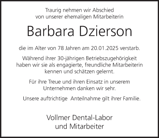 Traueranzeige von Barbara Dzierson von Deister- und Weserzeitung