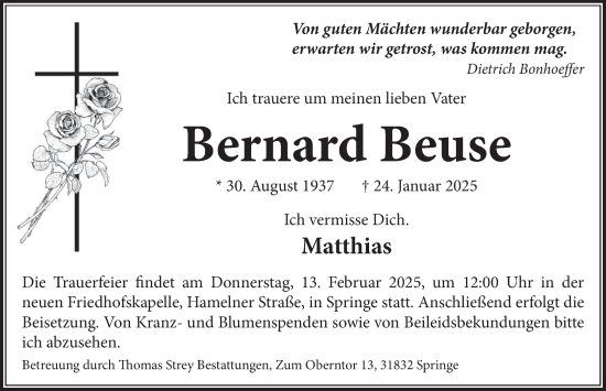 Traueranzeige von Bernard Beuse von Neue Deister-Zeitung