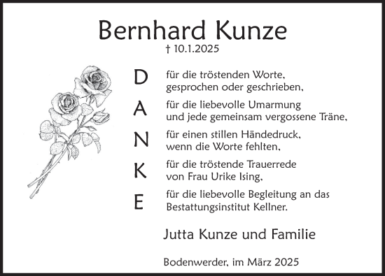 Traueranzeige von Bernhard Kunze von Deister- und Weserzeitung