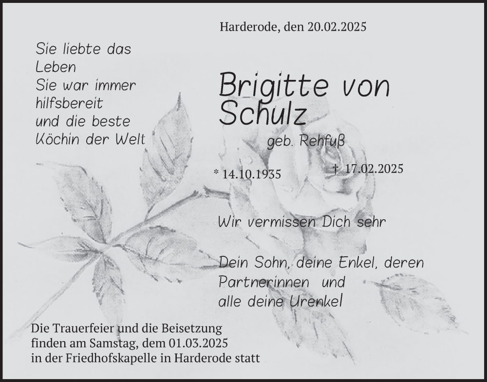  Traueranzeige für Brigitte von Schulz vom 25.02.2025 aus Deister- und Weserzeitung