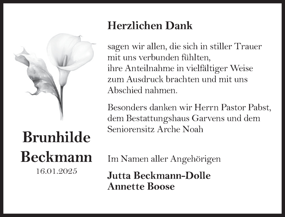  Traueranzeige für Brunhilde Beckmann vom 22.02.2025 aus Deister- und Weserzeitung