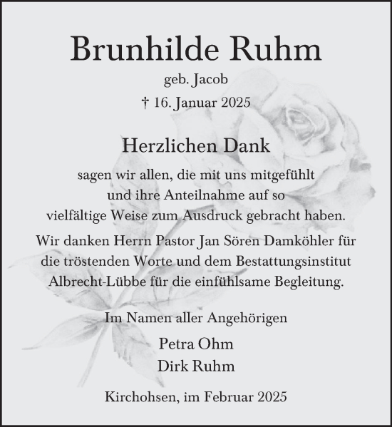 Traueranzeige von Brunhilde Ruhm von Deister- und Weserzeitung