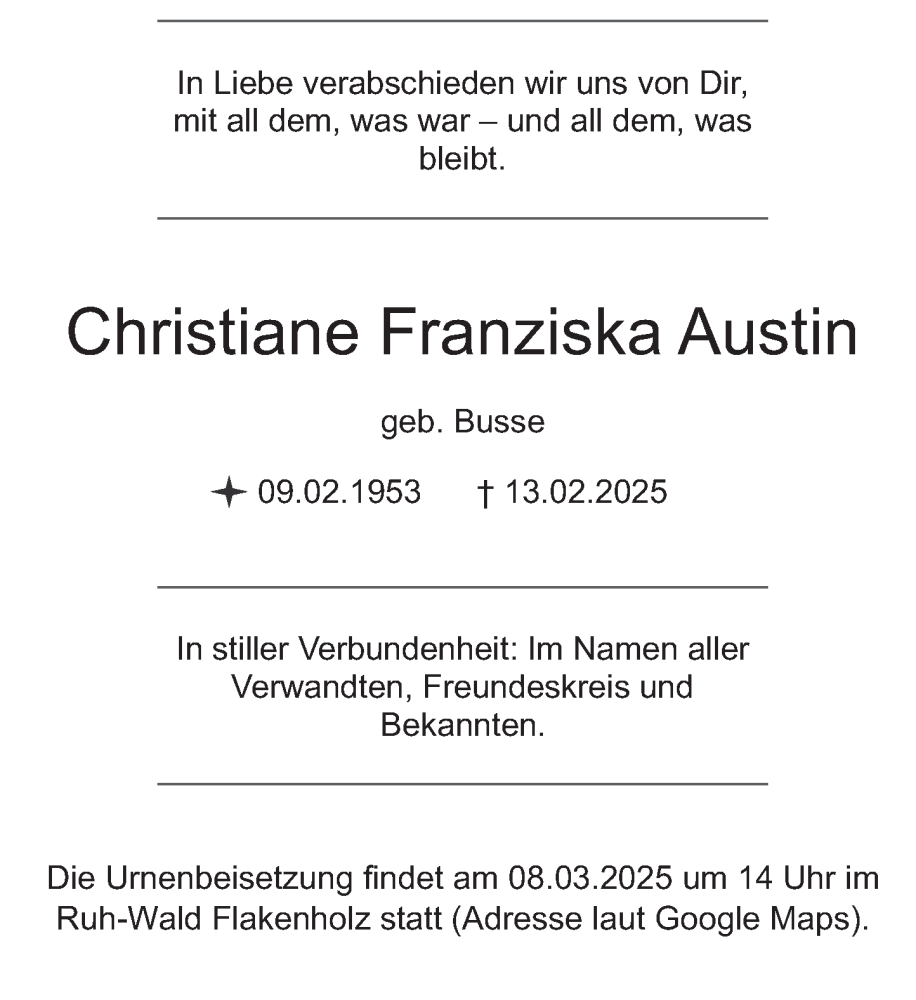  Traueranzeige für Christiane Franziska Austin vom 05.03.2025 aus Deister- und Weserzeitung
