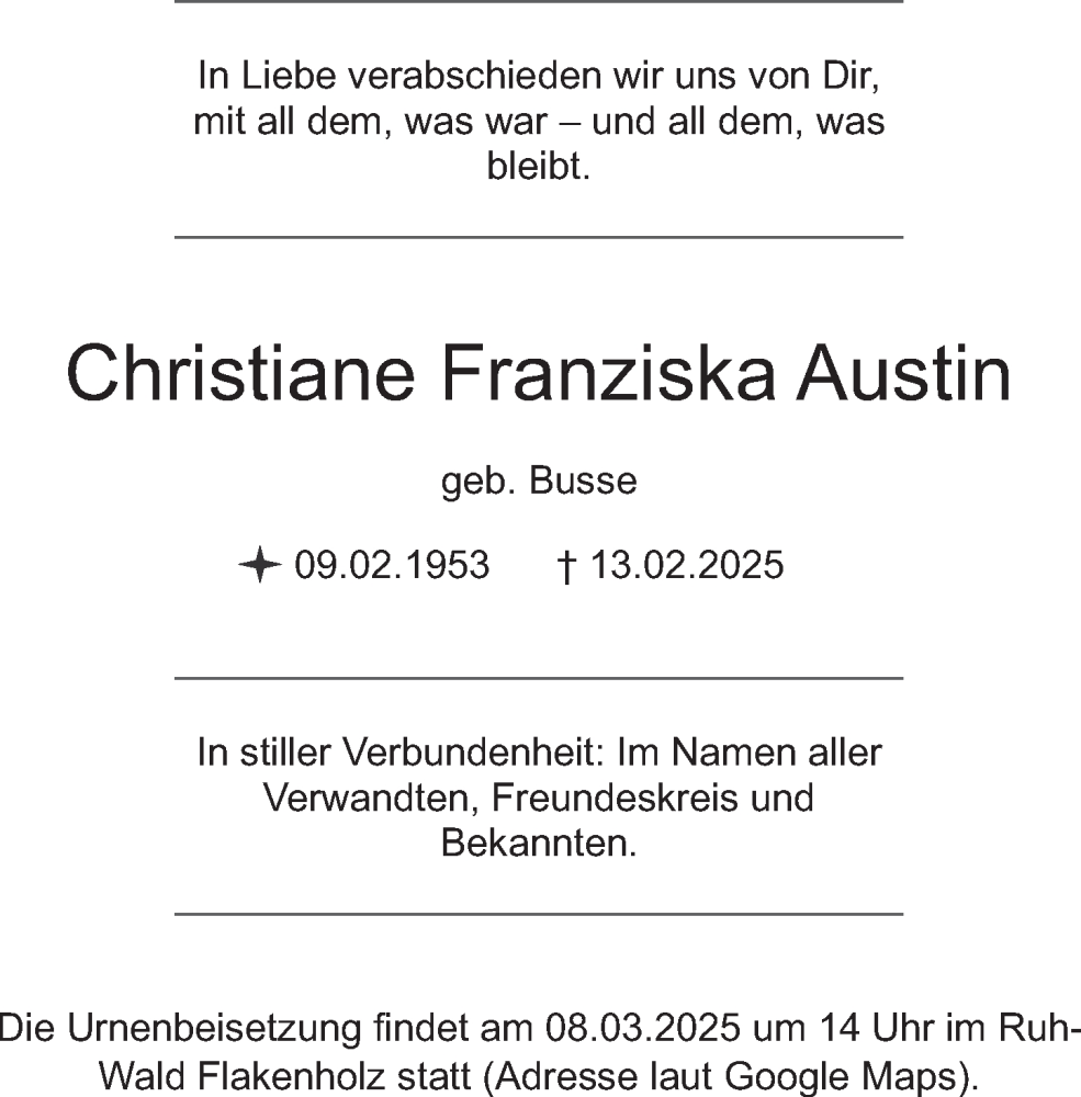  Traueranzeige für Christiane Franziska Austin vom 05.03.2025 aus Deister- und Weserzeitung