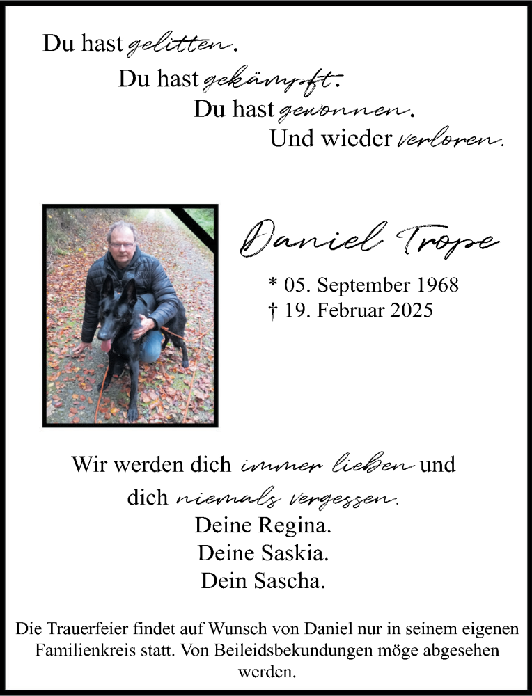  Traueranzeige für Daniel Trope vom 01.03.2025 aus Deister- und Weserzeitung