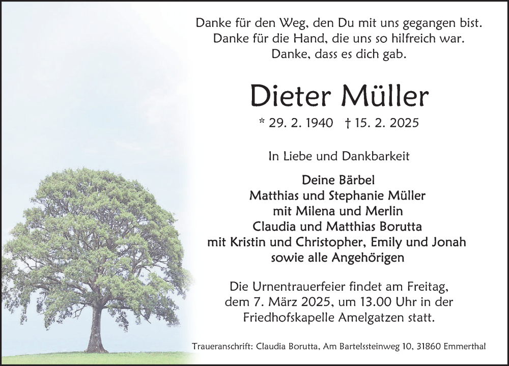  Traueranzeige für Dieter Müller vom 01.03.2025 aus Deister- und Weserzeitung