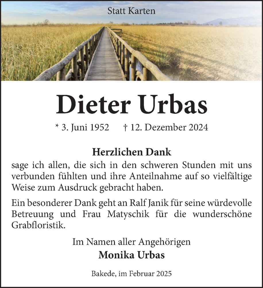  Traueranzeige für Dieter Urbas vom 08.02.2025 aus Neue Deister-Zeitung