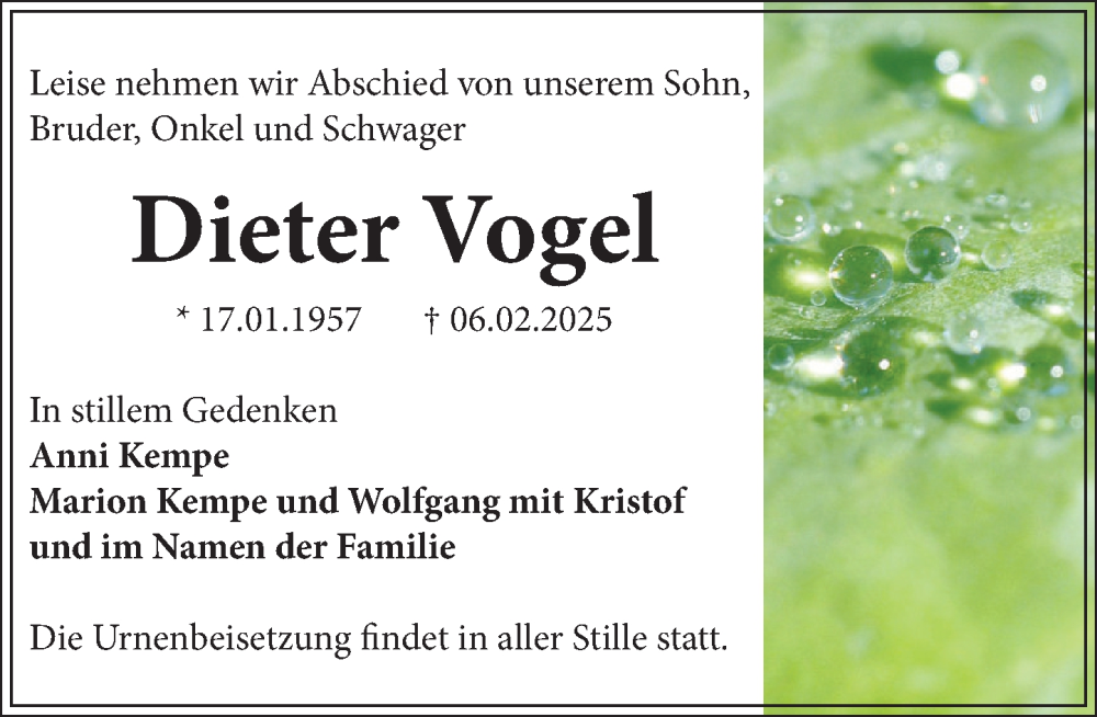  Traueranzeige für Dieter Vogel vom 01.03.2025 aus Neue Deister-Zeitung