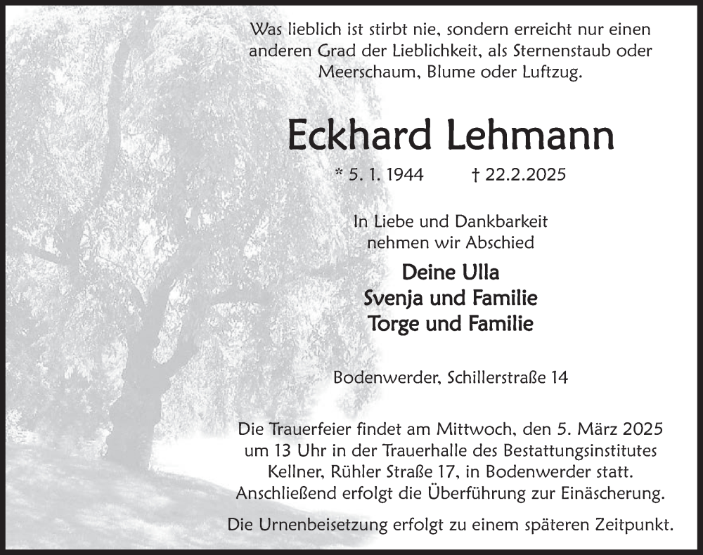  Traueranzeige für Eckhard Lehmann vom 01.03.2025 aus Deister- und Weserzeitung