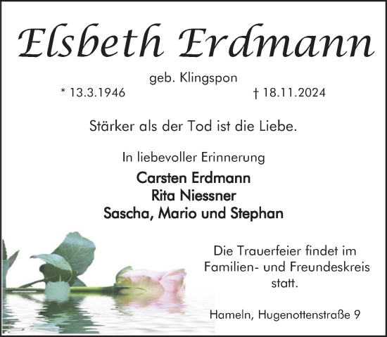 Traueranzeige von Elsbeth Erdmann von Deister- und Weserzeitung