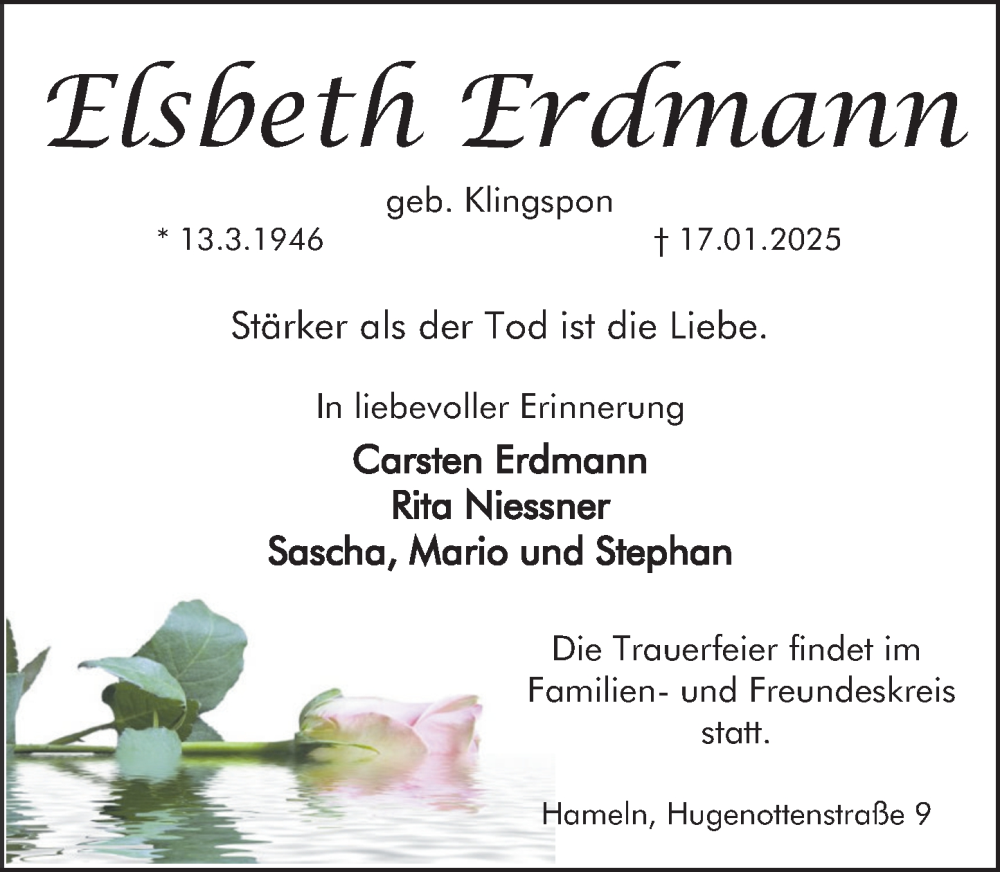  Traueranzeige für Elsbeth Erdmann vom 08.02.2025 aus Deister- und Weserzeitung