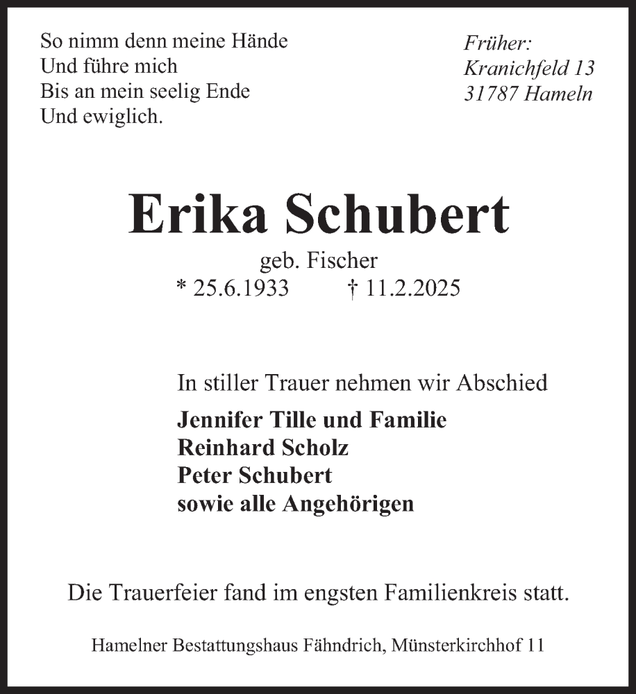  Traueranzeige für Erika Schubert vom 22.02.2025 aus Deister- und Weserzeitung