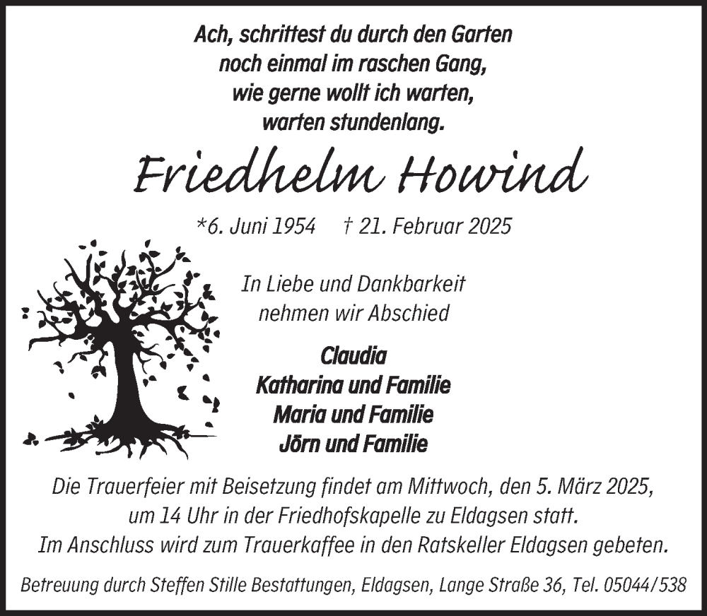  Traueranzeige für Friedhelm Howind vom 01.03.2025 aus Neue Deister-Zeitung